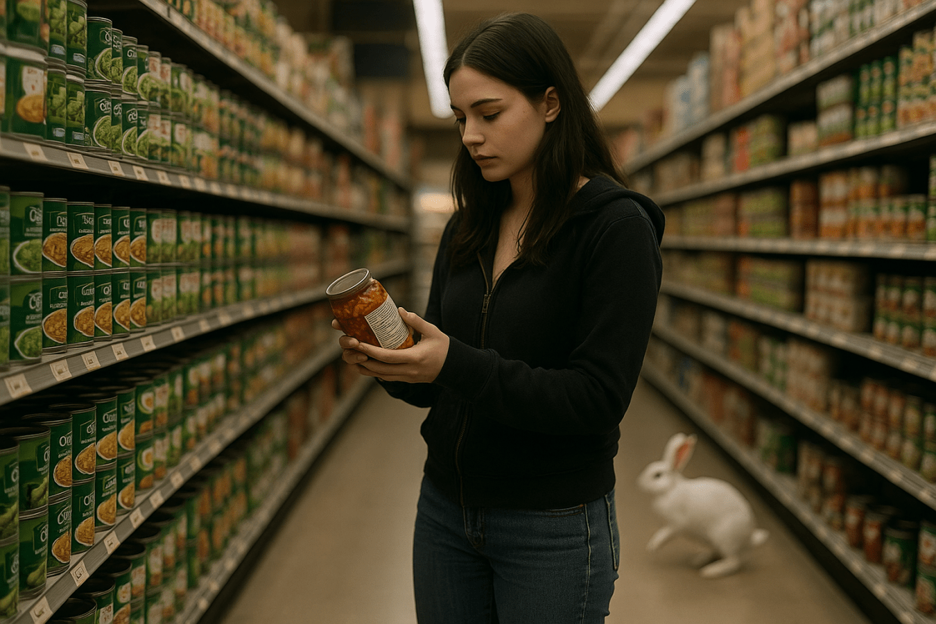 Alicein supermarket with white rabbit.