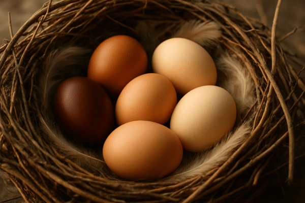 Diversely colored eggs in a birds nest.