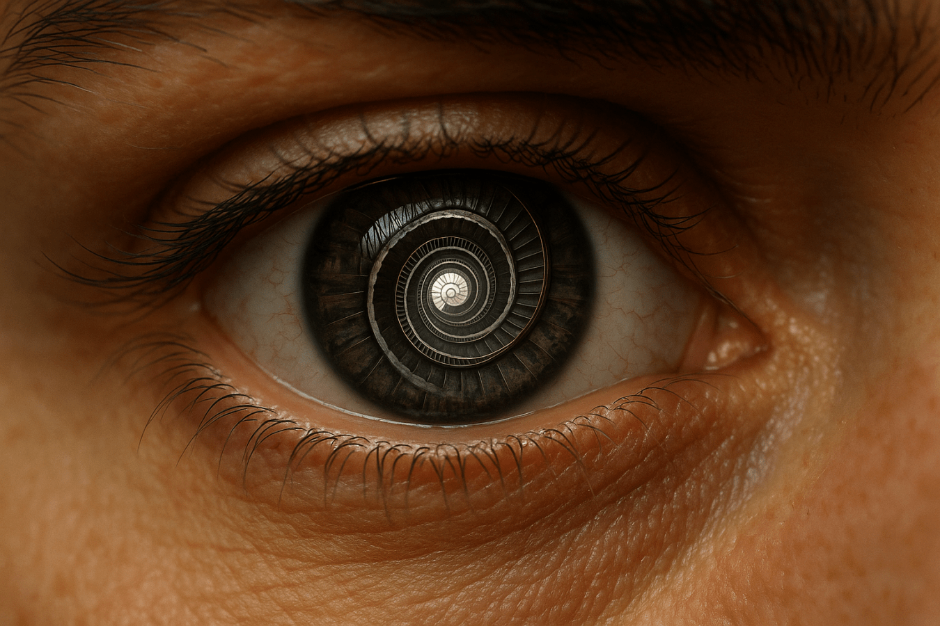 Close-up eye reflecting spiral staircase.