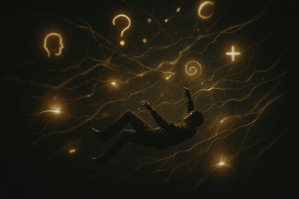 A human figure drifting among symbols in a cosmic space.