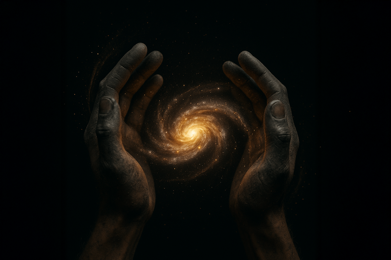 Twiring galaxy between palms of a hand.