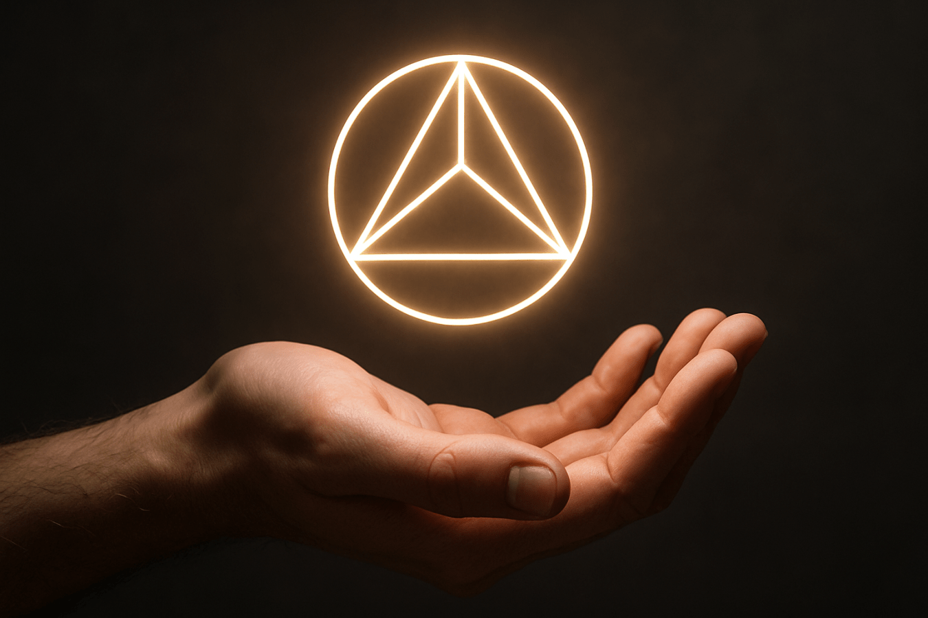 Luminous geometric symbol over hand.