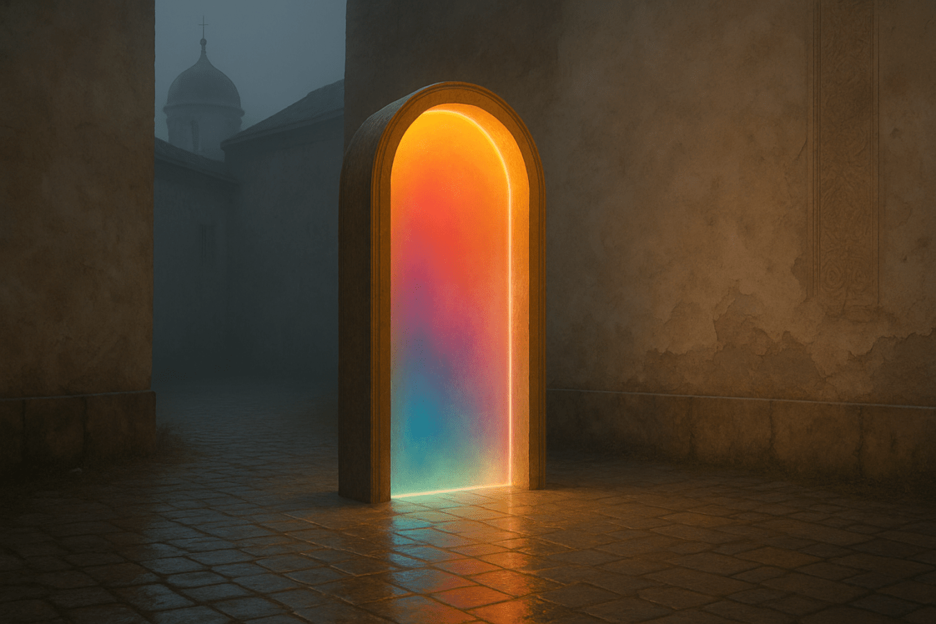 Secret neon light doorway portal.