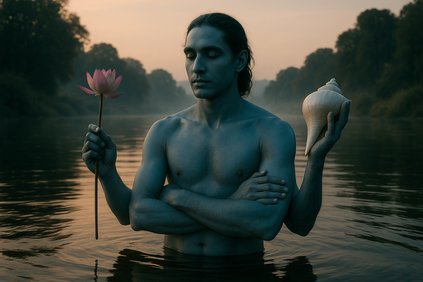 Symbol Vishnu bathing in sacred river.